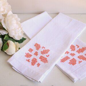 Vintage White Linen Damask Towels With Orange Cross Stitch, Set Of Hand Towel